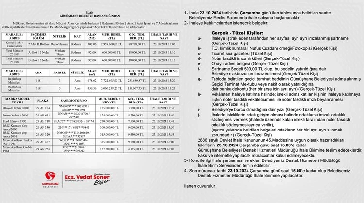 BELEDİYEMİZDEN, AÇIK TEKLİF USULÜ İHALE İLE SATIŞ YAPILACAKTIR